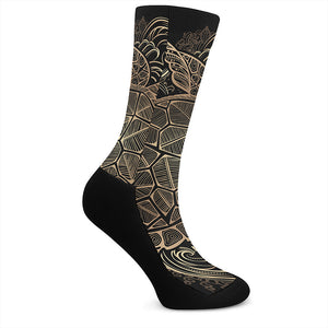 Black And Gold Sea Turtle Print Crew Socks