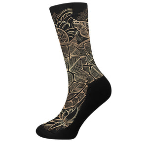 Black And Gold Sea Turtle Print Crew Socks