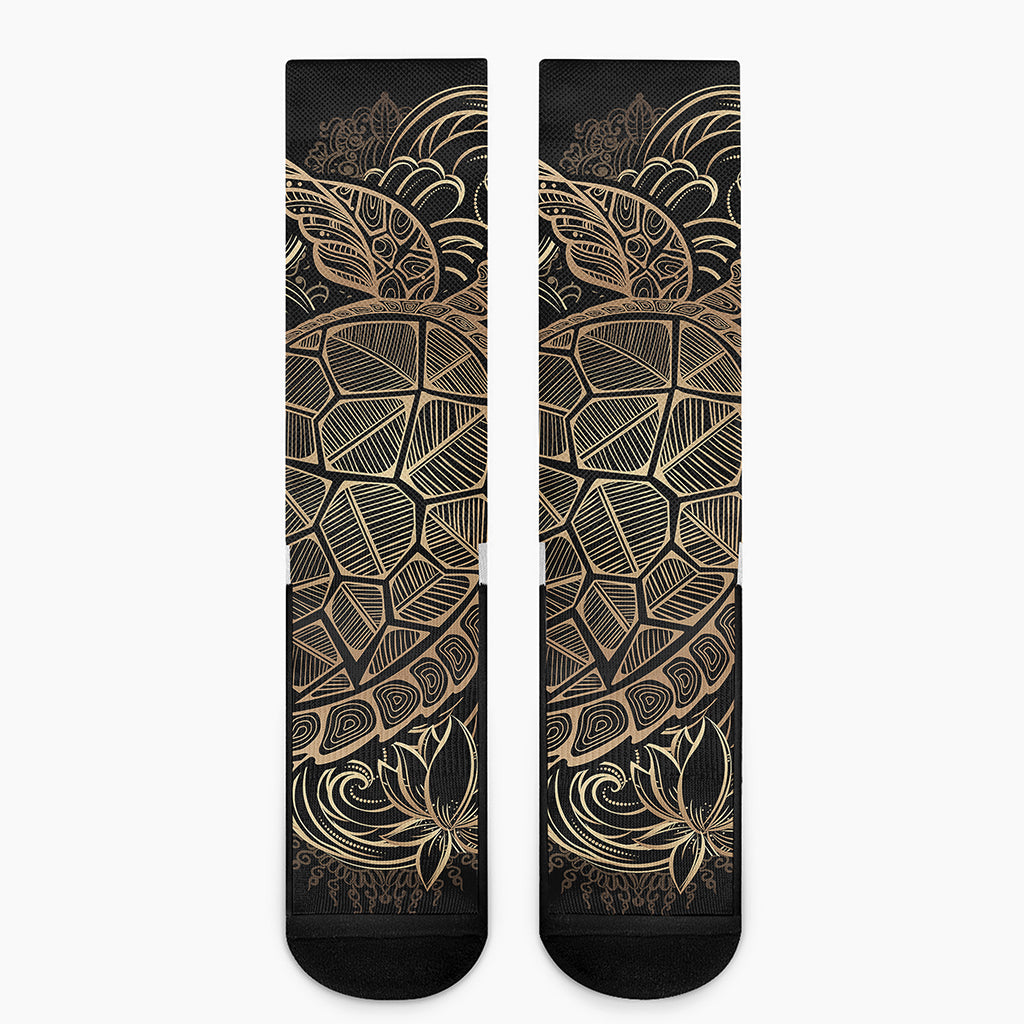 Black And Gold Sea Turtle Print Crew Socks