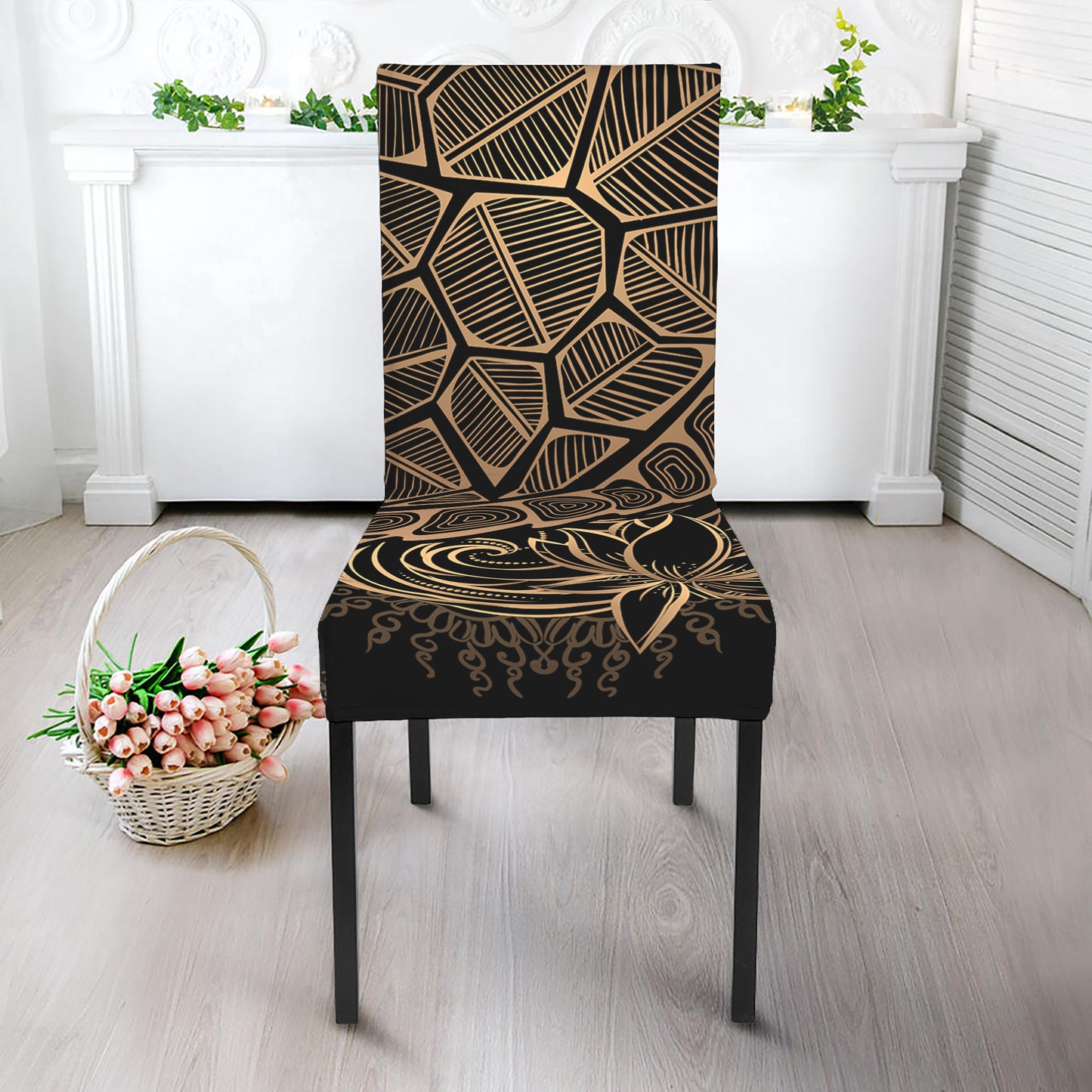 Black And Gold Sea Turtle Print Dining Chair Slipcover