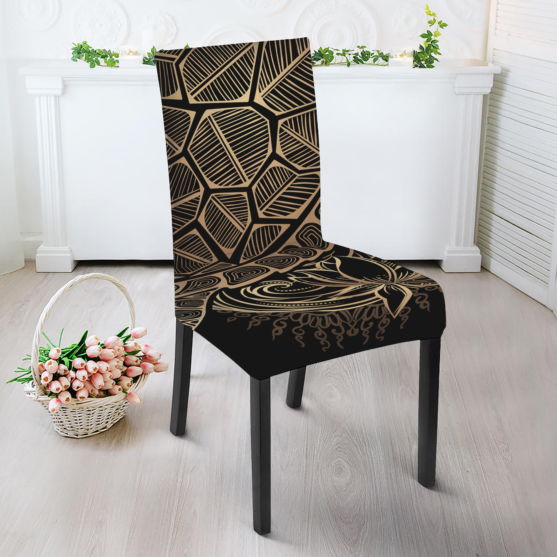 Black And Gold Sea Turtle Print Dining Chair Slipcover