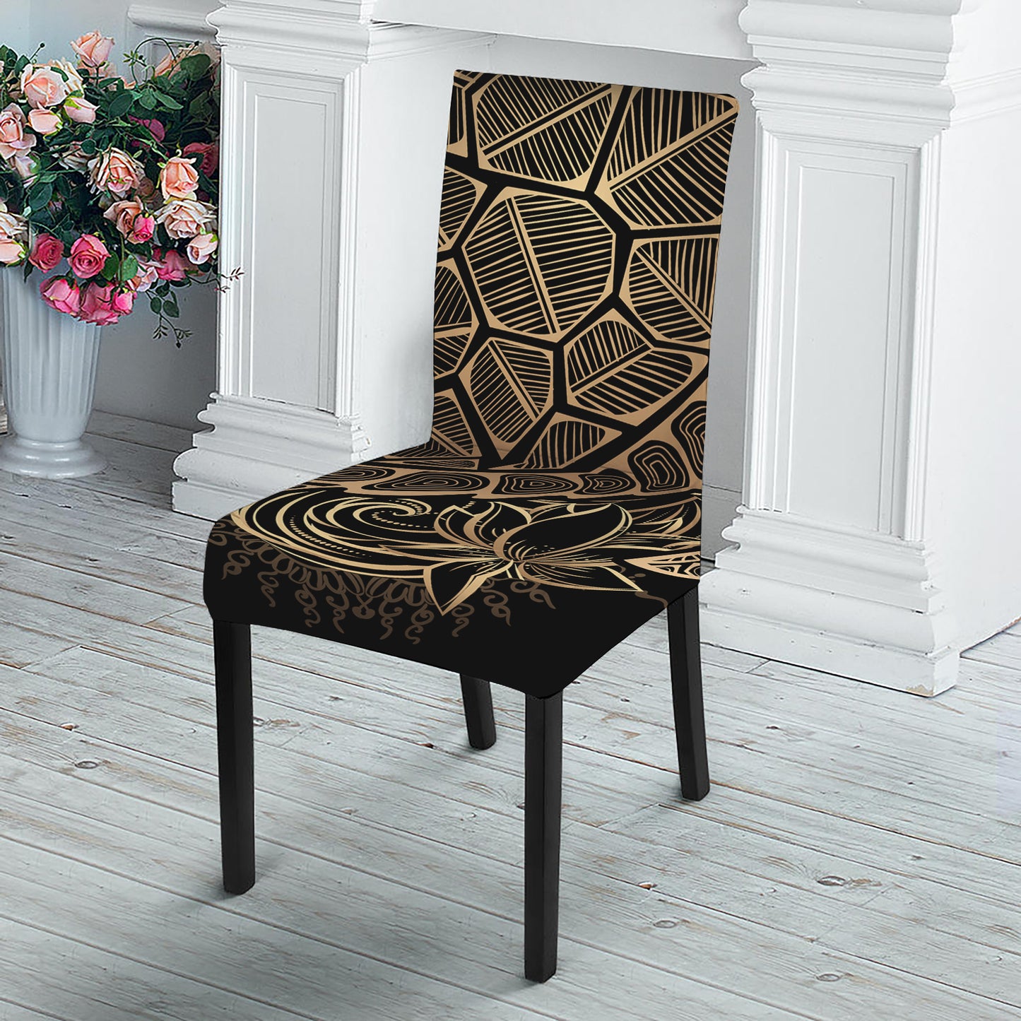 Black And Gold Sea Turtle Print Dining Chair Slipcover