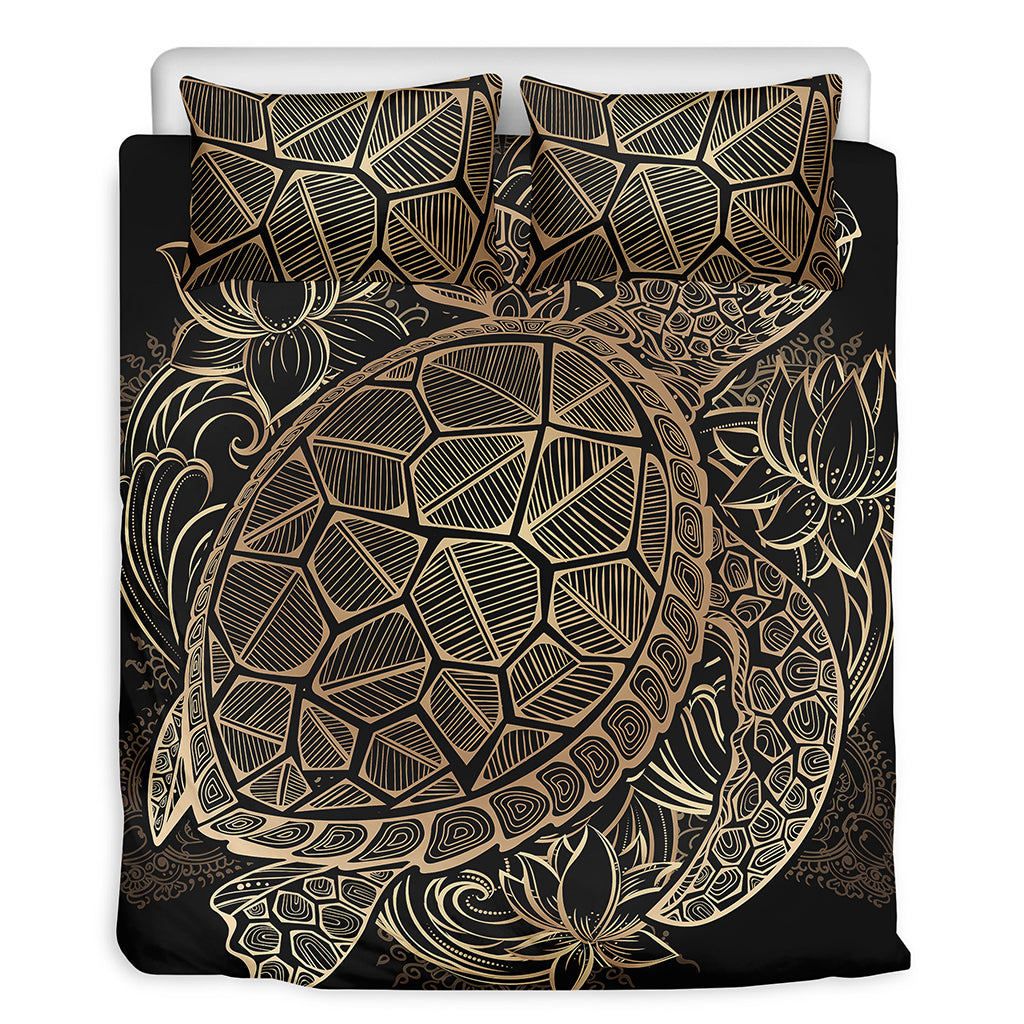 Black And Gold Sea Turtle Print Duvet Cover Bedding Set