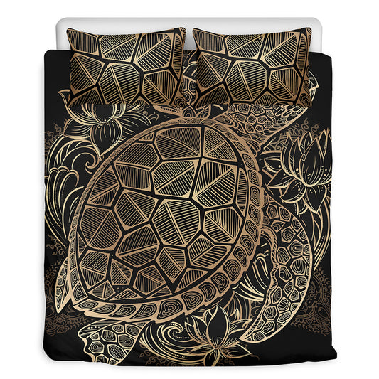Black And Gold Sea Turtle Print Duvet Cover Bedding Set