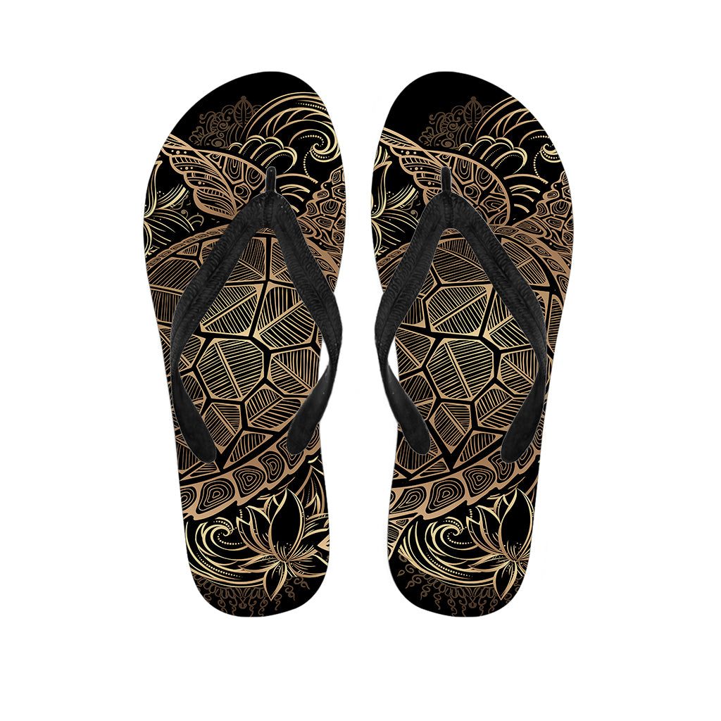 Black And Gold Sea Turtle Print Flip Flops