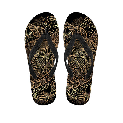 Black And Gold Sea Turtle Print Flip Flops
