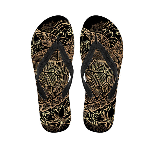 Black And Gold Sea Turtle Print Flip Flops