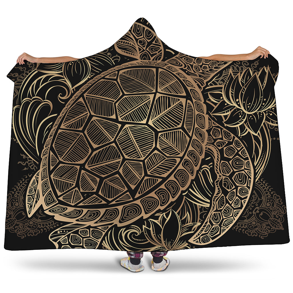 Black And Gold Sea Turtle Print Hooded Blanket