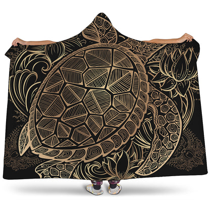 Black And Gold Sea Turtle Print Hooded Blanket