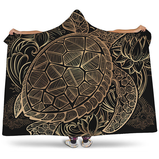 Black And Gold Sea Turtle Print Hooded Blanket