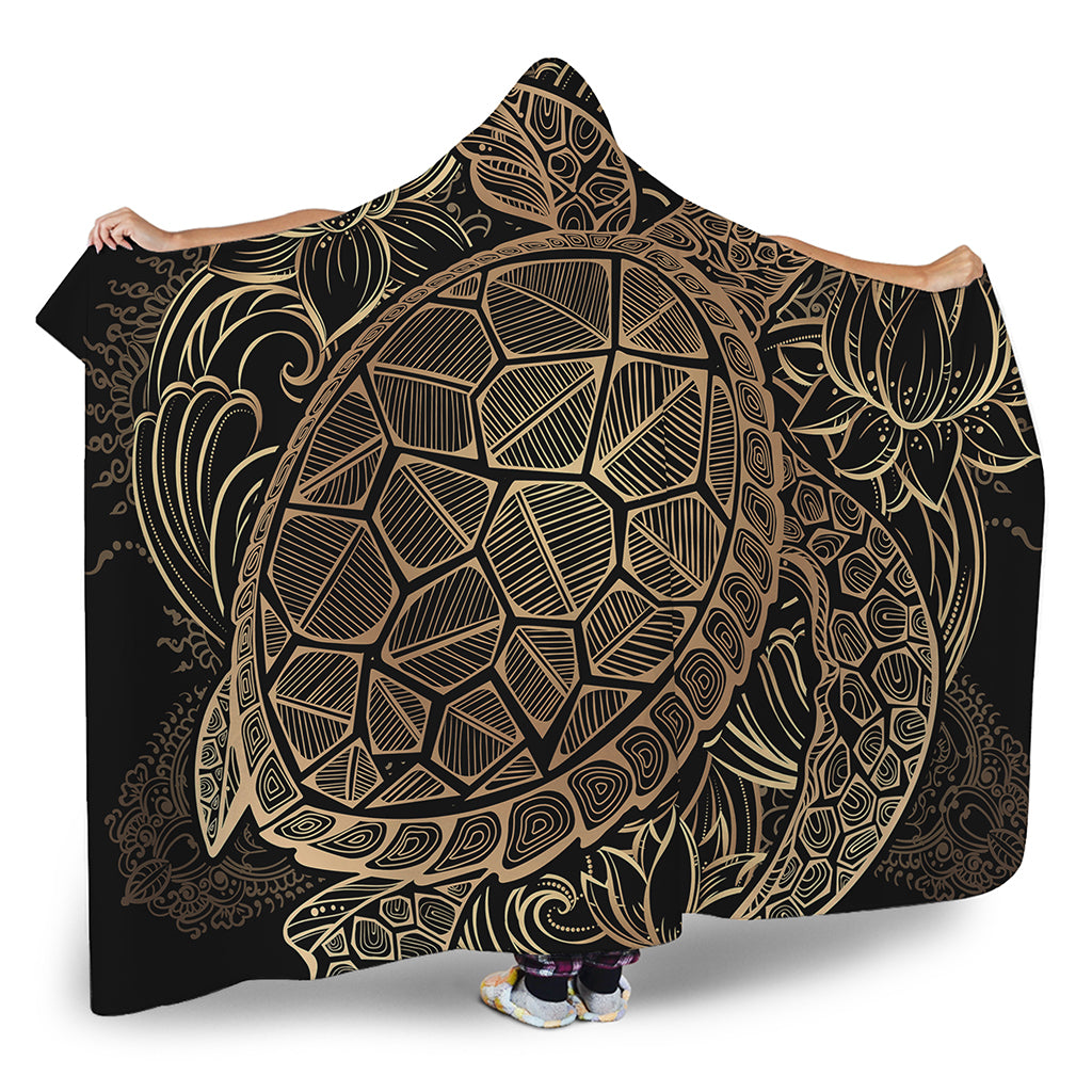 Black And Gold Sea Turtle Print Hooded Blanket