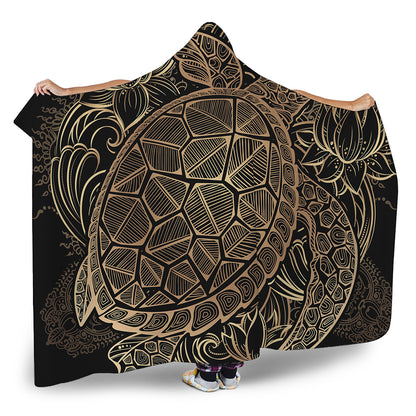 Black And Gold Sea Turtle Print Hooded Blanket