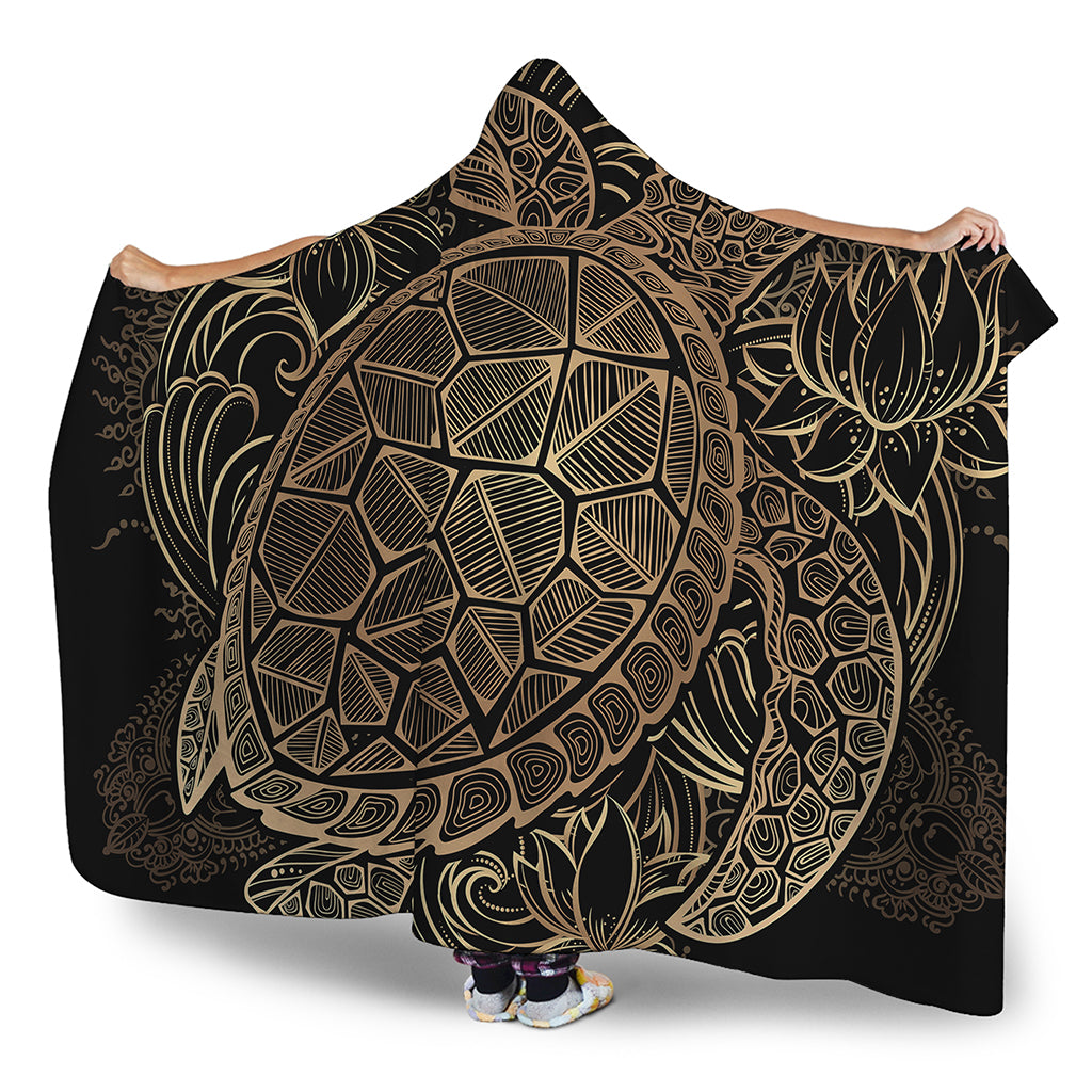 Black And Gold Sea Turtle Print Hooded Blanket