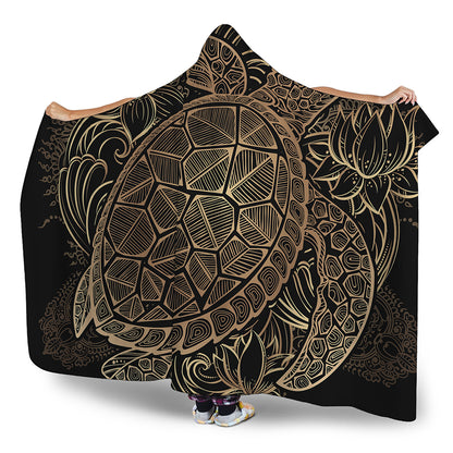 Black And Gold Sea Turtle Print Hooded Blanket