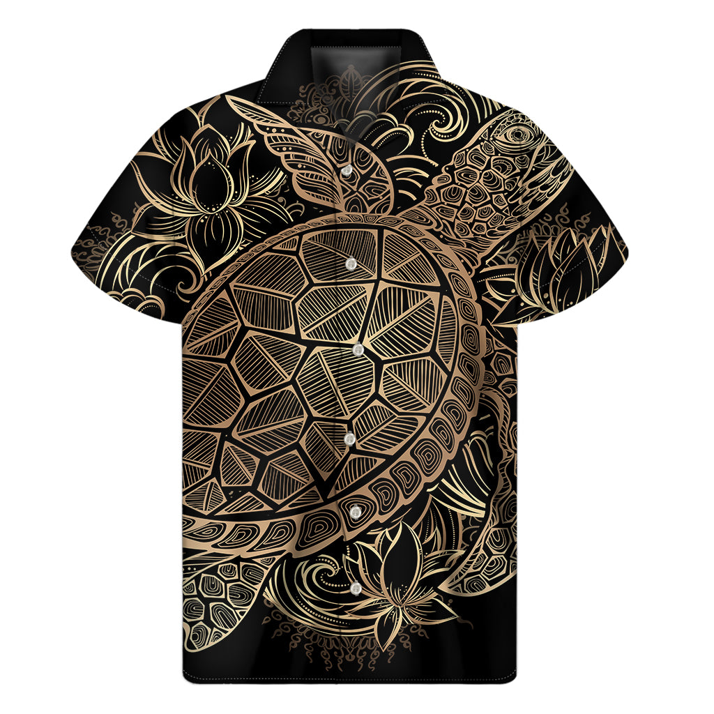 Black And Gold Sea Turtle Print Men's Short Sleeve Shirt