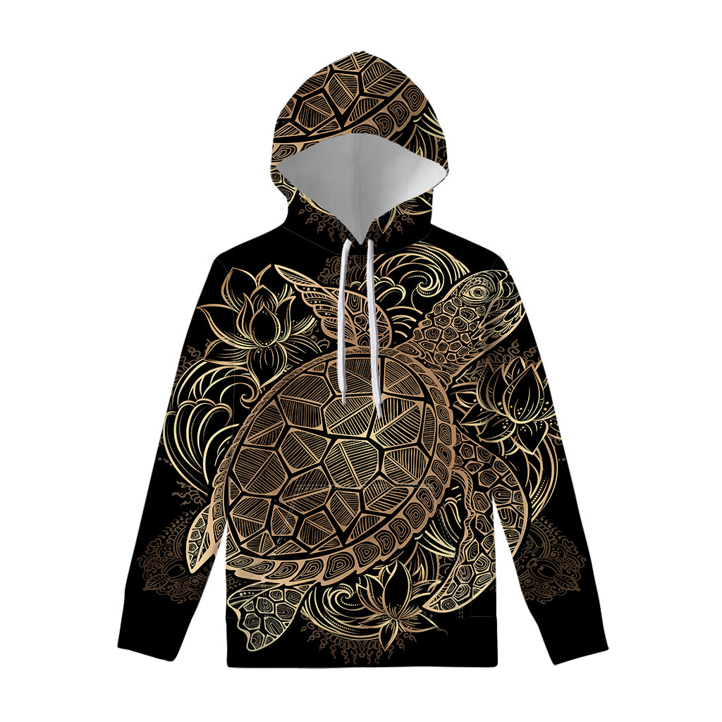 Black And Gold Sea Turtle Print Pullover Hoodie