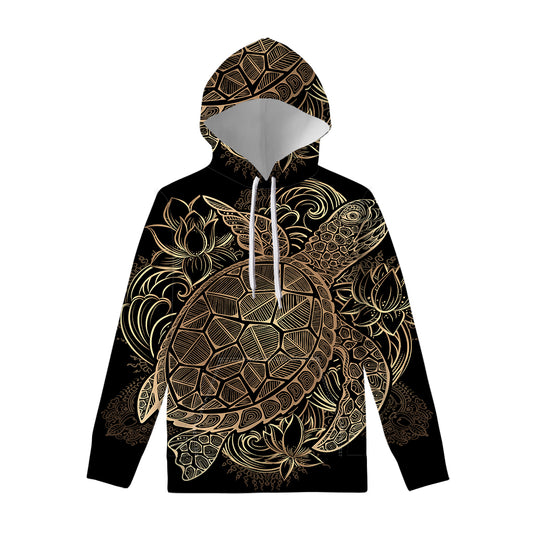 Black And Gold Sea Turtle Print Pullover Hoodie