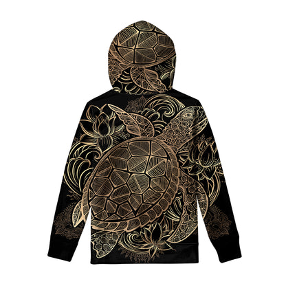 Black And Gold Sea Turtle Print Pullover Hoodie