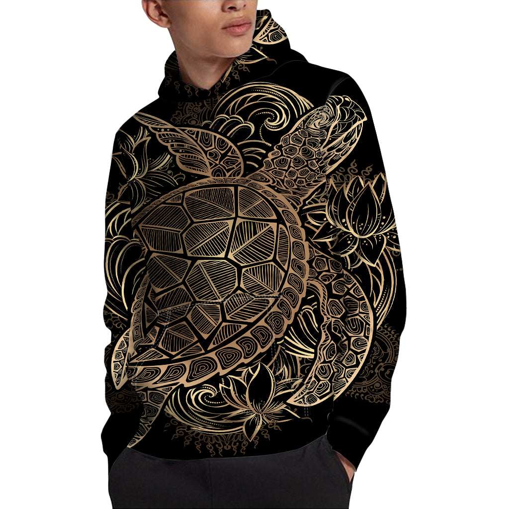 Black And Gold Sea Turtle Print Pullover Hoodie