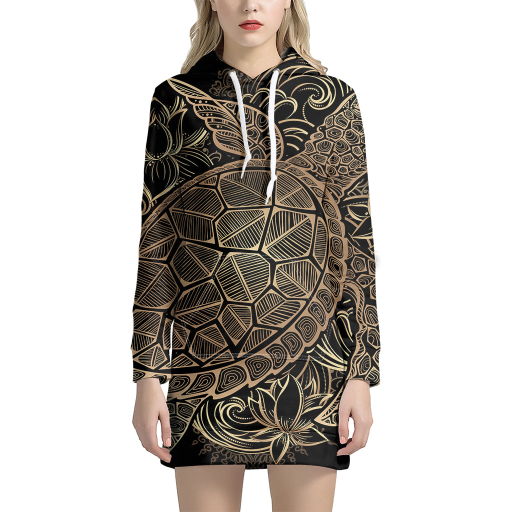 Black And Gold Sea Turtle Print Pullover Hoodie Dress
