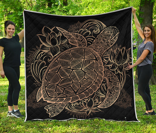 Black And Gold Sea Turtle Print Quilt
