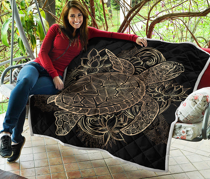 Black And Gold Sea Turtle Print Quilt