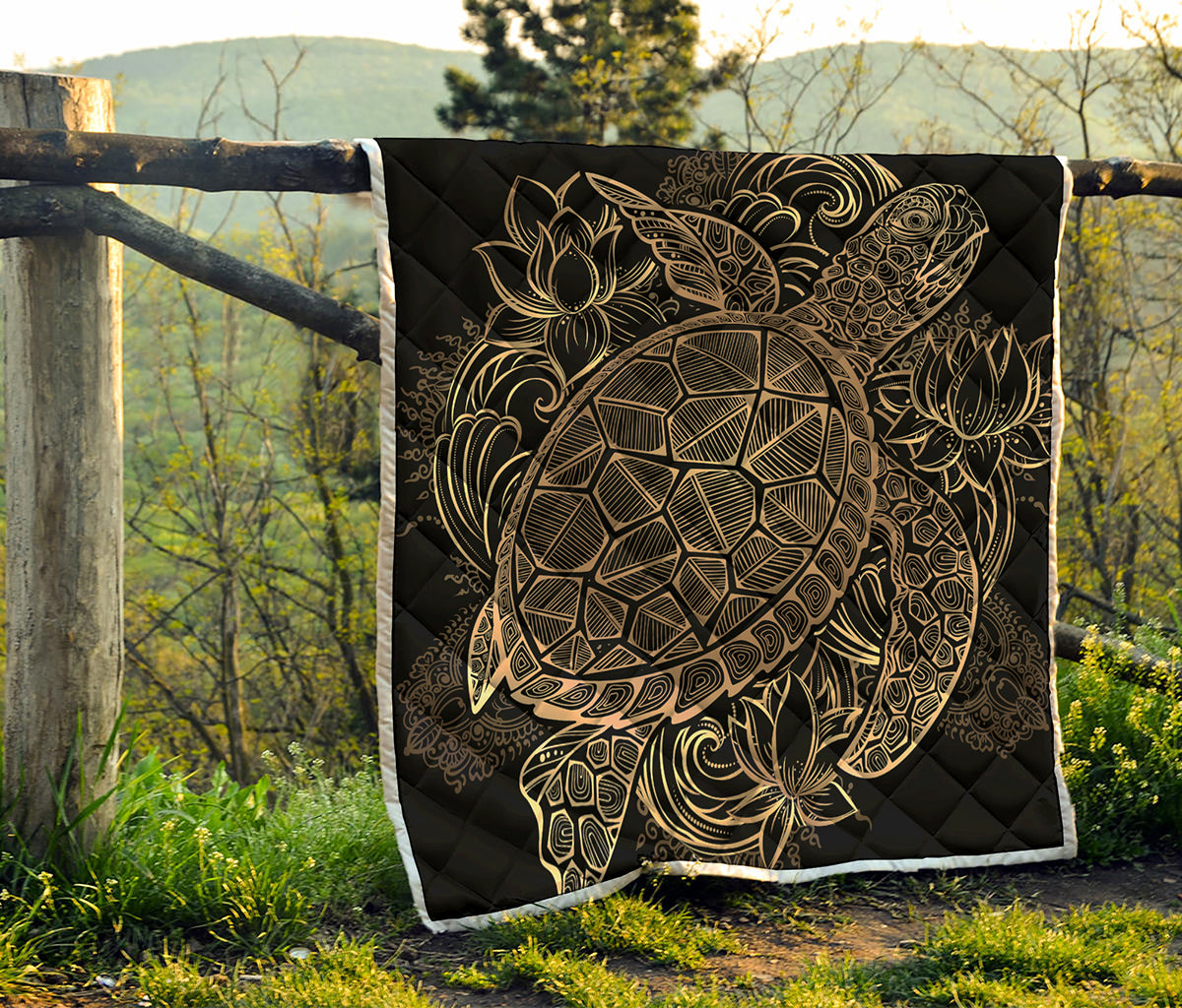 Black And Gold Sea Turtle Print Quilt