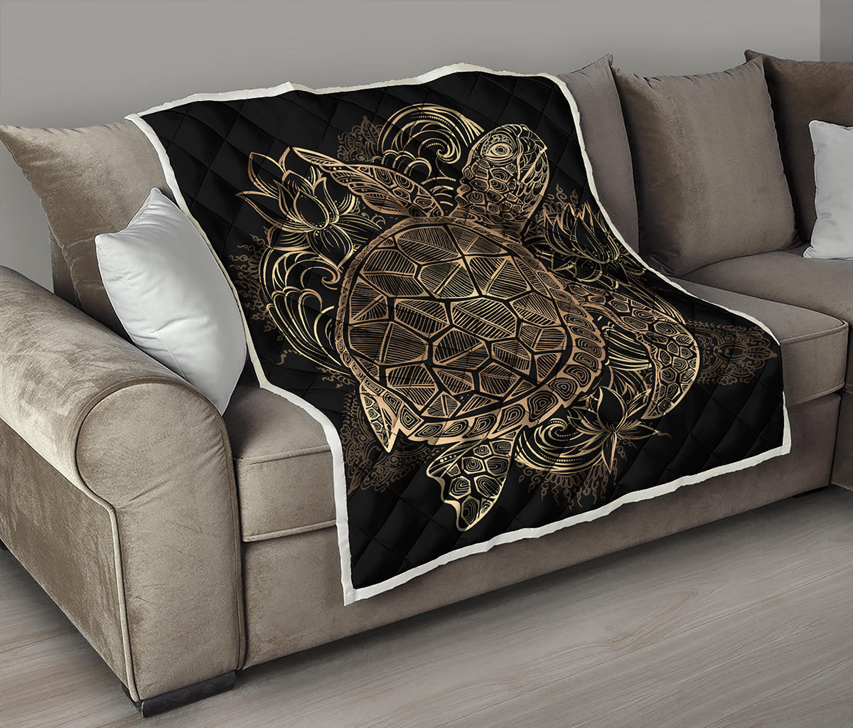 Black And Gold Sea Turtle Print Quilt