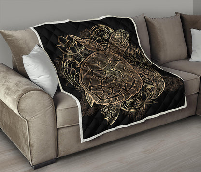 Black And Gold Sea Turtle Print Quilt