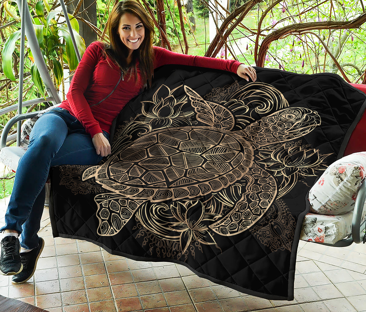 Black And Gold Sea Turtle Print Quilt