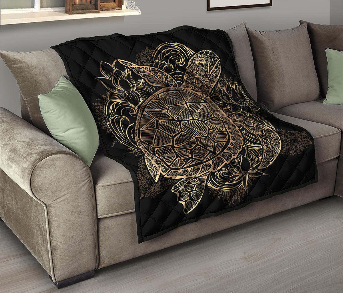 Black And Gold Sea Turtle Print Quilt