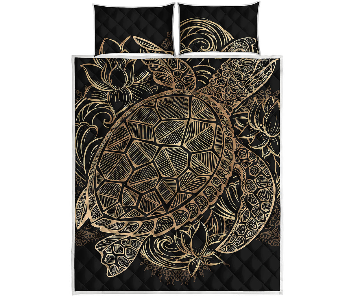 Black And Gold Sea Turtle Print Quilt Bed Set