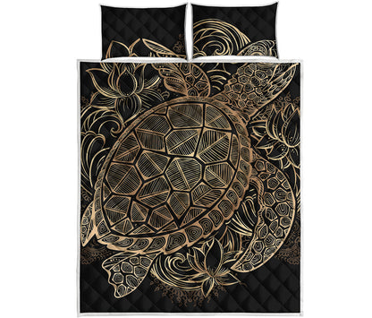 Black And Gold Sea Turtle Print Quilt Bed Set