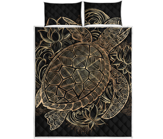 Black And Gold Sea Turtle Print Quilt Bed Set