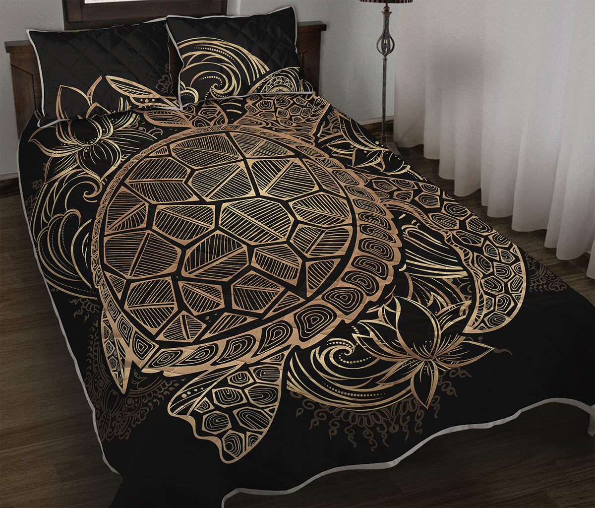 Black And Gold Sea Turtle Print Quilt Bed Set