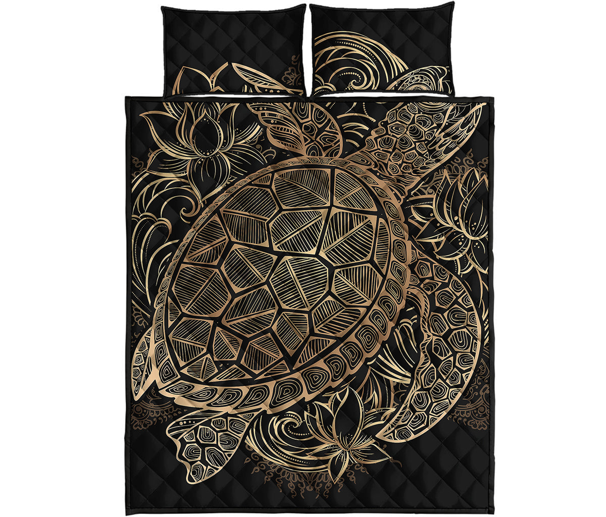Black And Gold Sea Turtle Print Quilt Bed Set