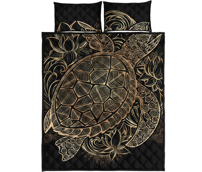 Black And Gold Sea Turtle Print Quilt Bed Set