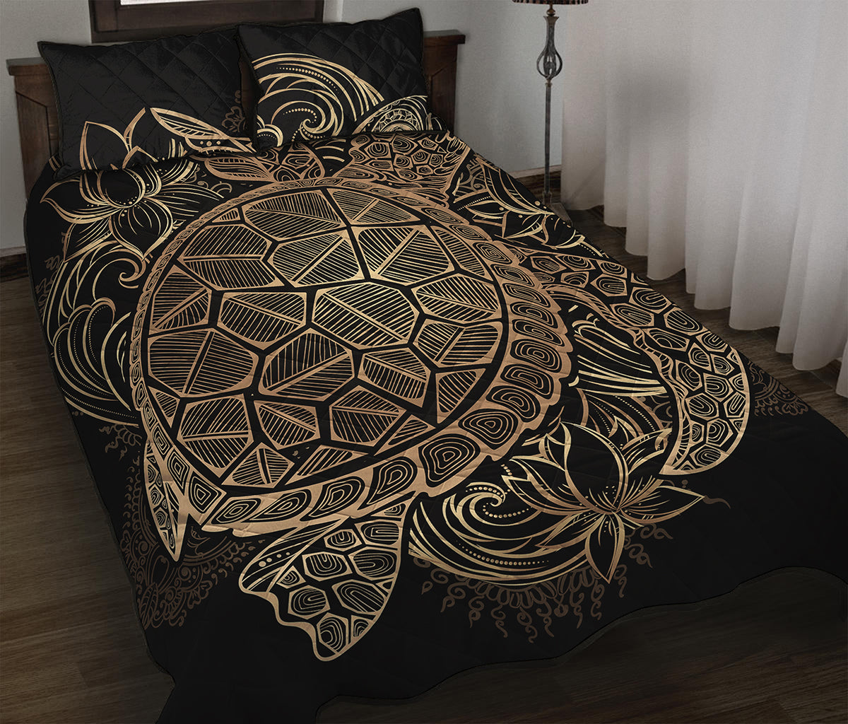 Black And Gold Sea Turtle Print Quilt Bed Set
