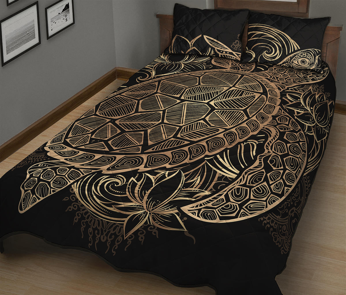 Black And Gold Sea Turtle Print Quilt Bed Set