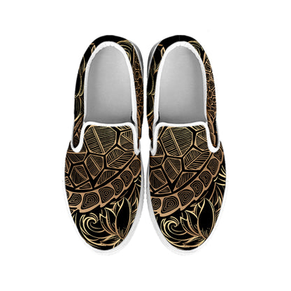 Black And Gold Sea Turtle Print White Slip On Shoes