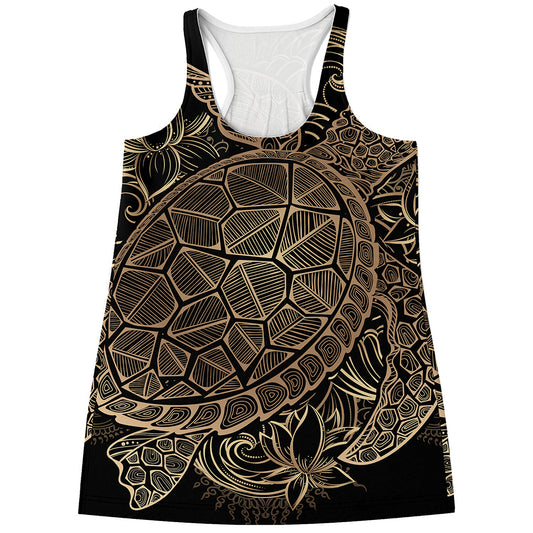 Black And Gold Sea Turtle Print Women's Racerback Tank Top