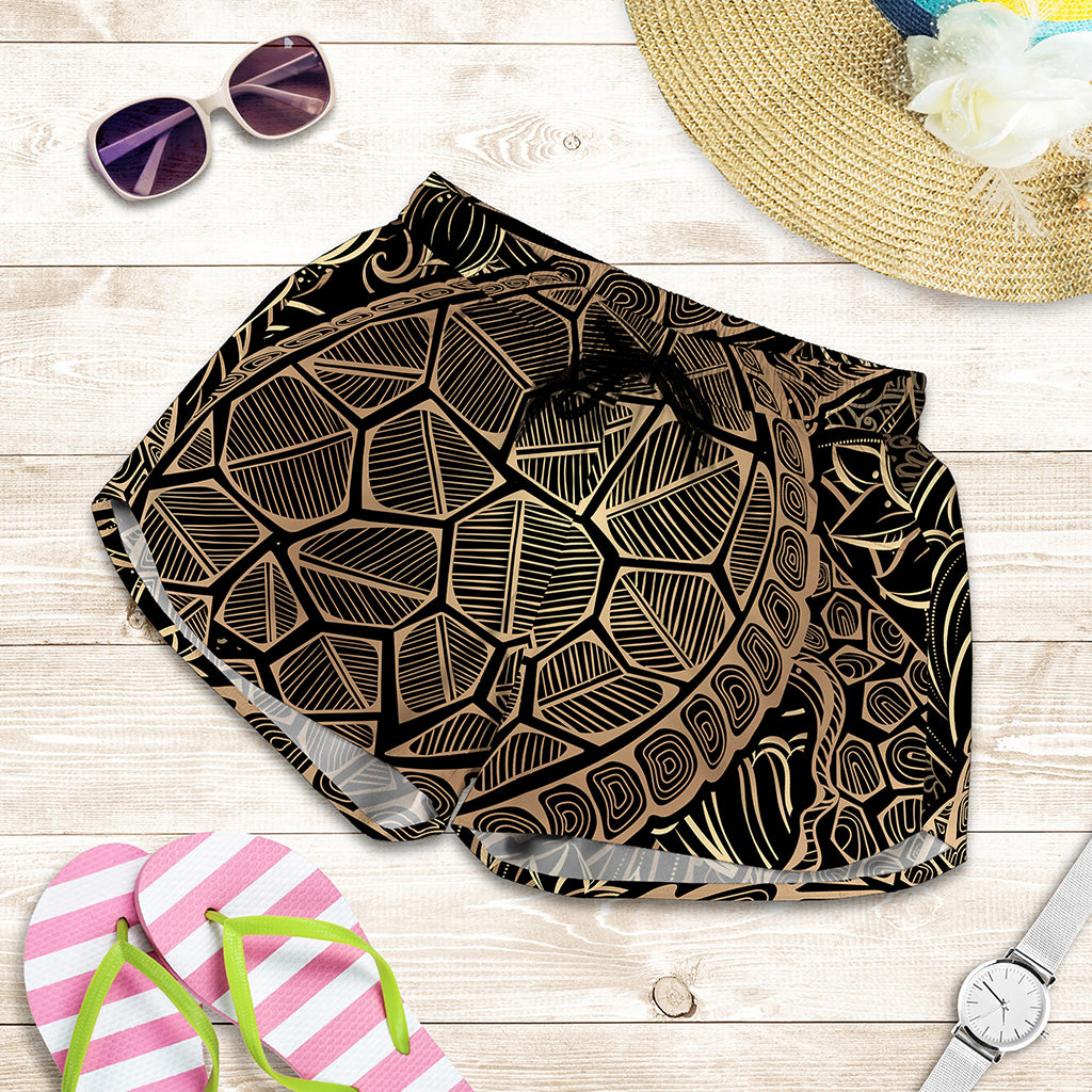 Black And Gold Sea Turtle Print Women's Shorts