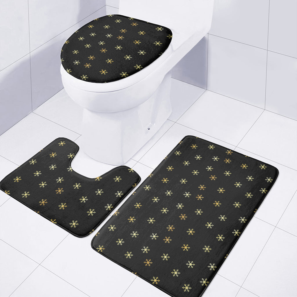Black And Gold Snowflake Pattern Print 3 Piece Bath Mat Set