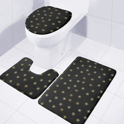 Black And Gold Snowflake Pattern Print 3 Piece Bath Mat Set