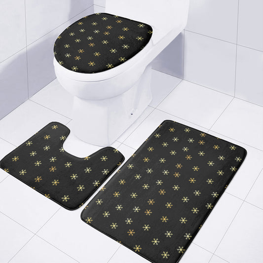 Black And Gold Snowflake Pattern Print 3 Piece Bath Mat Set