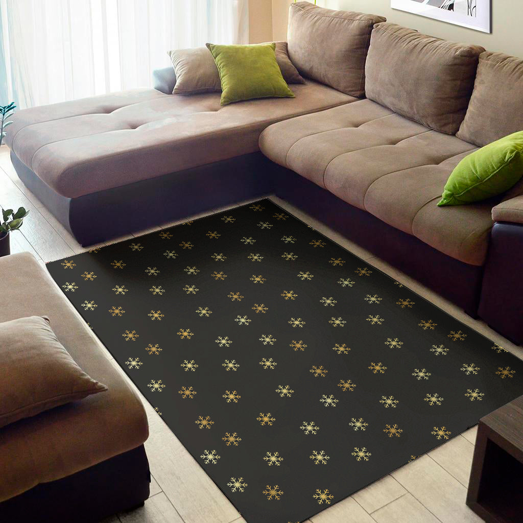 Black And Gold Snowflake Pattern Print Area Rug