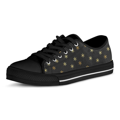 Black And Gold Snowflake Pattern Print Black Low Top Shoes