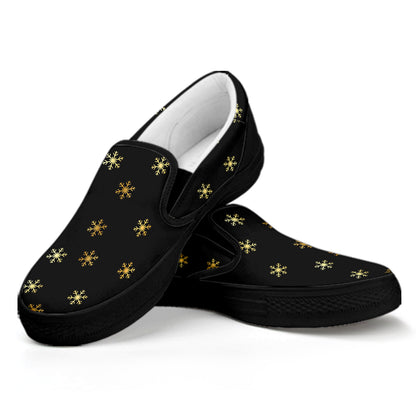 Black And Gold Snowflake Pattern Print Black Slip On Shoes
