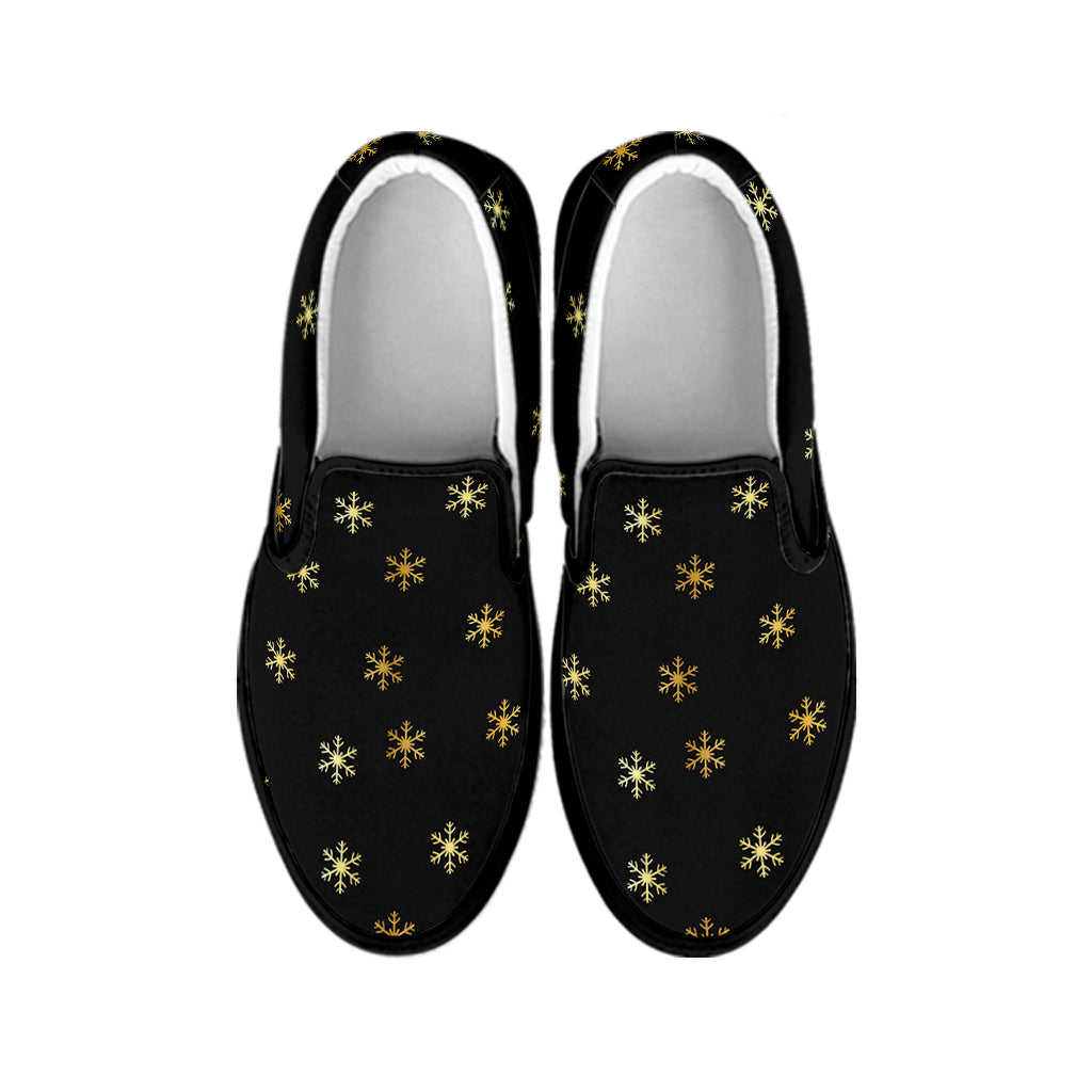 Black And Gold Snowflake Pattern Print Black Slip On Shoes