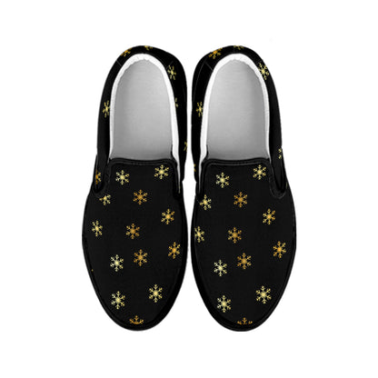 Black And Gold Snowflake Pattern Print Black Slip On Shoes